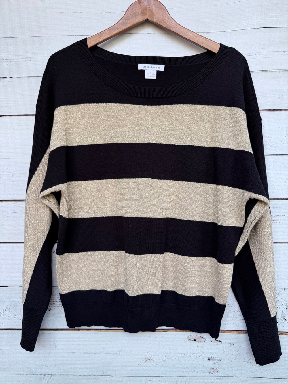 Liz Claiborne Metallic Striped Crewneck Long Sleeve Pullover Sweater - Large